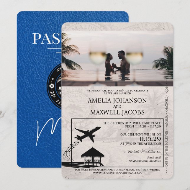 Royal Blue Maldives Passport Wedding Invitation (Front/Back)