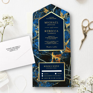 Royal Blue Marble Faux Gold Foil Wedding All In One Invitation