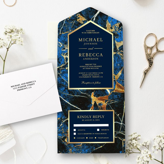 Royal Blue Marble Faux Gold Foil Wedding All In One Invitation (Creator Uploaded)