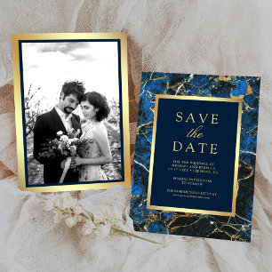 Royal Blue Marble Gold Photo Wedding Save The Date