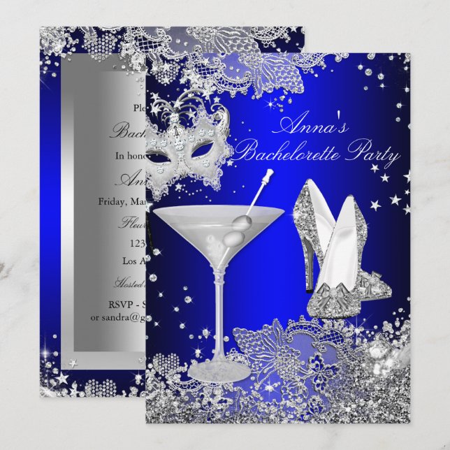 Royal Blue Mask & Jewel Lace Bachelorette Party Invitation (Front/Back)