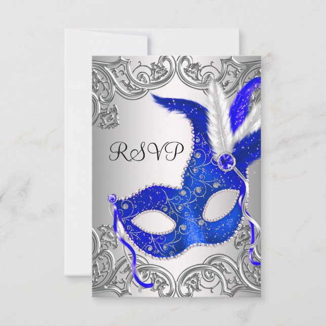 Royal Blue Mask Masquerade Party RSVP Card (Front)