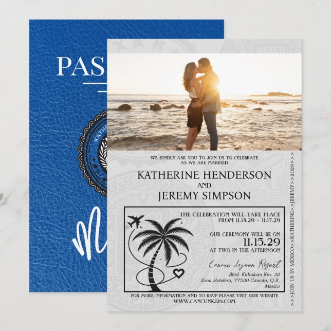 Royal Blue Mexico Passport Wedding Invitation (Front/Back)