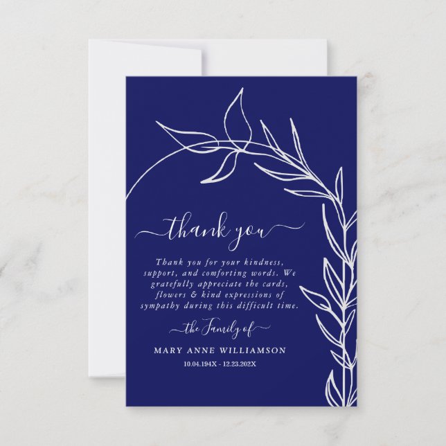 Royal Blue Minimal Arch Text Script Funeral Thank You Card (Front)