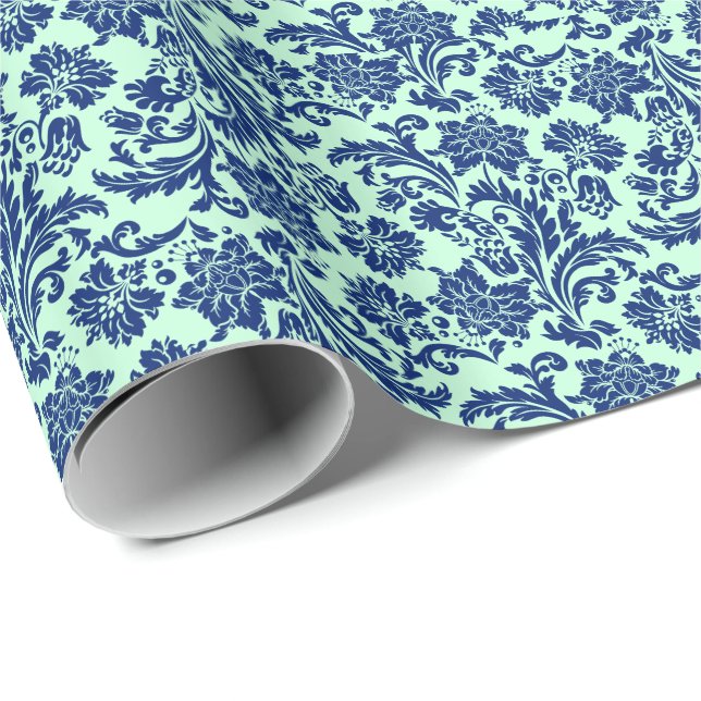 Royal Blue & Mint-Green Floral Damasks Pattern 5 Wrapping Paper (Roll Corner)