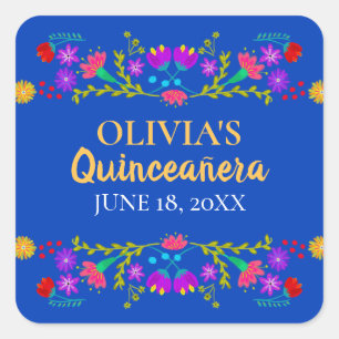 Royal Blue Mis Quince Anos Mexican Fiesta Flowers Square Sticker