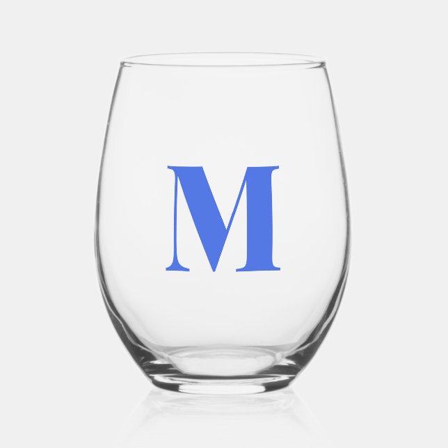 Royal Blue Modern Monogram Initial Letter Stemless Wine Glass (Front)
