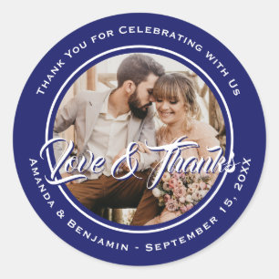 Royal Blue Modern Thank You Wedding Photo Favour Classic Round Sticker
