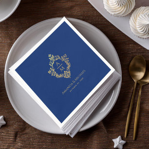 Royal Blue Monogram Crest Faux Gold Wedding Napkin