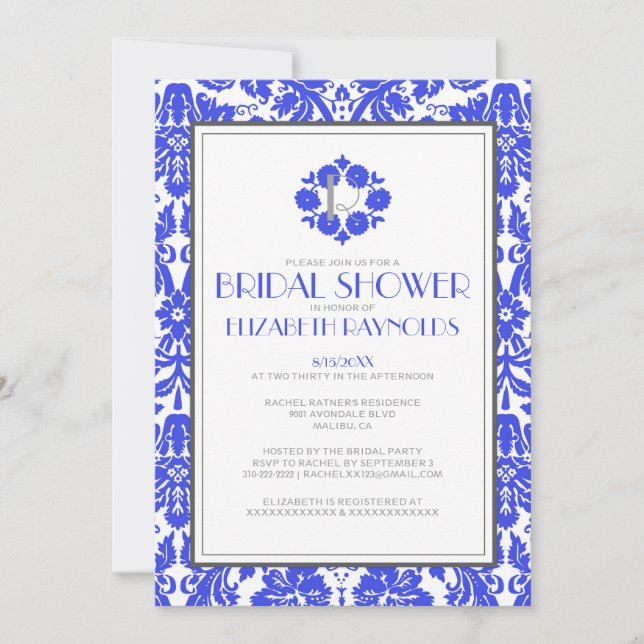 Royal Blue Monogram Damask Bridal Shower Invites (Front)