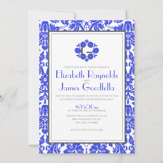 Royal Blue Monogram Damask Wedding Invitations (Front)
