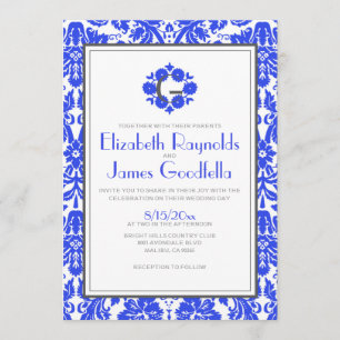 Royal Blue Monogram Damask Wedding Invitations
