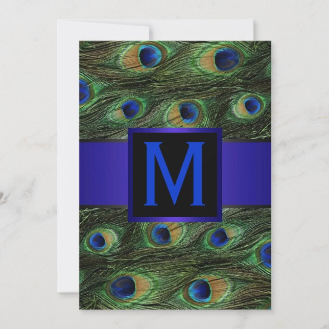 Royal Blue Monogram Peacock Invitation (Front)