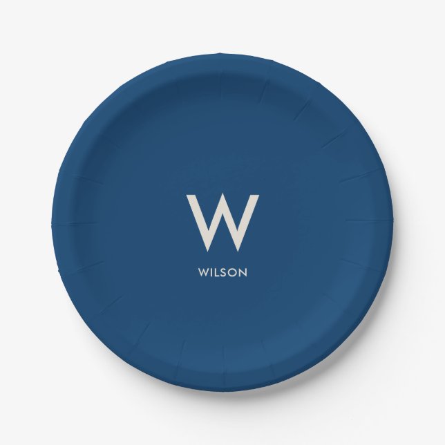 Royal Blue Monogram Personal Party Paper Plate (Front)