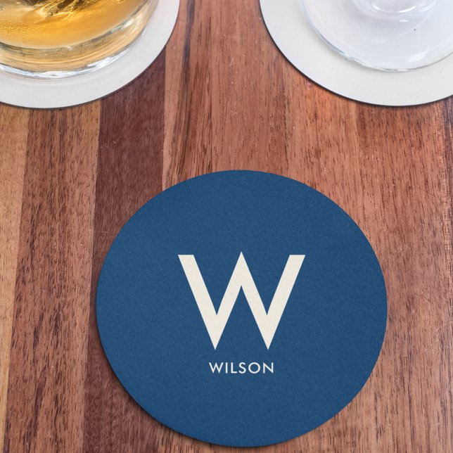 Royal Blue Monogram Personal Party Round Paper Coaster (Creator Uploaded)