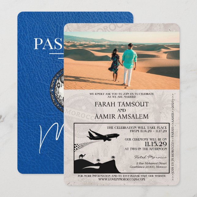 Royal Blue Morocco Passport Wedding Invitation (Front/Back)