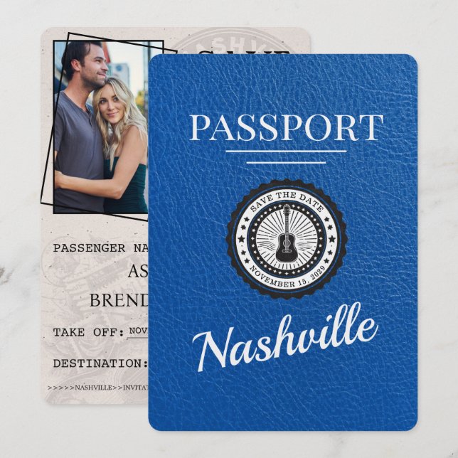 Royal Blue Nashville Passport Save The Date (Front/Back)