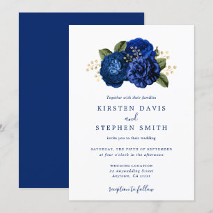 Royal Blue Navy Gold Floral Winter Fall Wedding Invitation