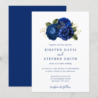 Royal Blue Navy Gold Floral Winter Fall Wedding Invitation
