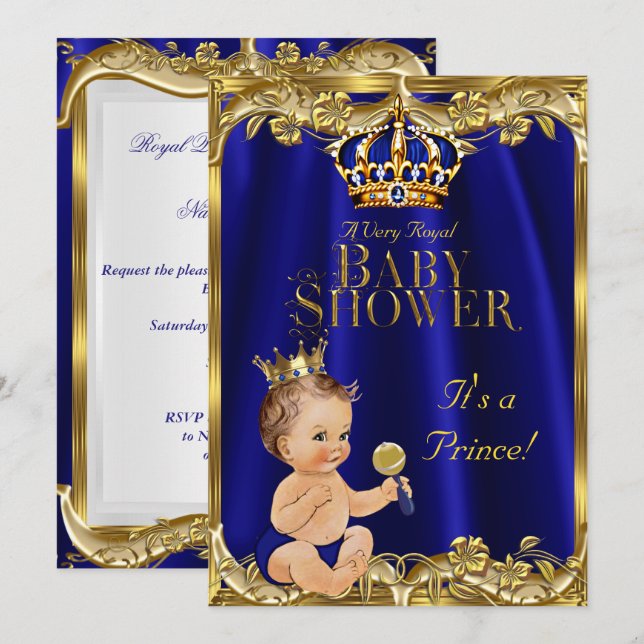 Royal Blue Navy Gold Prince Baby Shower Brunette Invitation (Front/Back)