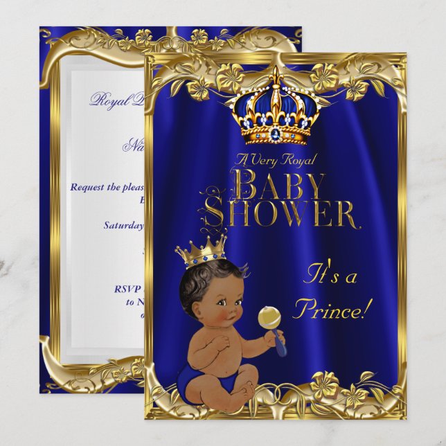 Royal Blue Navy Gold Prince Baby Shower Ethnic Invitation (Front/Back)