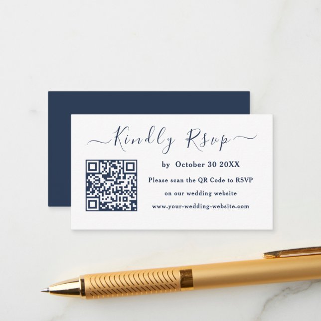 Royal Blue Navy Qr Code Rsvp Modern Wedding Enclosure Card (Front/Back In Situ)