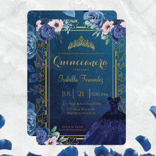 Royal Blue Navy Roses Glitter Dress Quinceanera Invitation