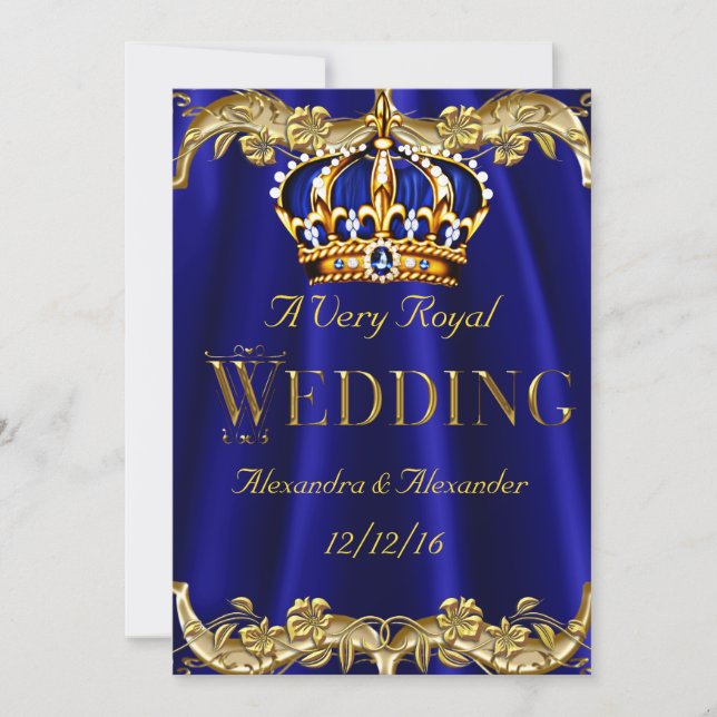 Royal Blue Navy Wedding Gold Crown 2 Invitation (Front)