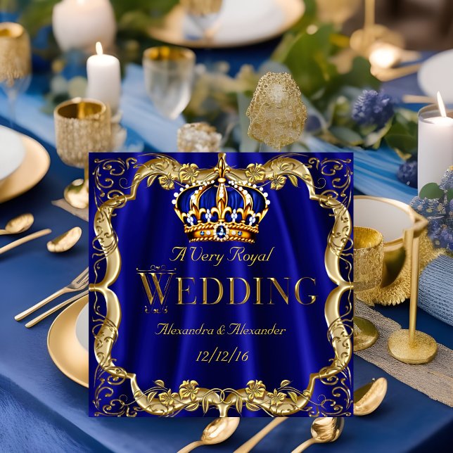 Royal Blue Navy Wedding Gold Crown 2 Invitation