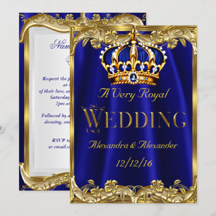 Royal Blue Navy Wedding Gold Crown 3 Invitation