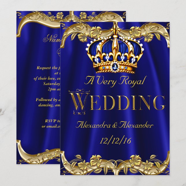 Royal Blue Navy Wedding Gold Crown Invitation (Front/Back)