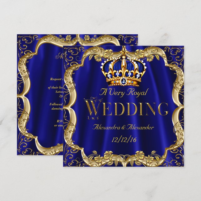 Royal Blue Navy Wedding Gold Crown Invitation (Front/Back)