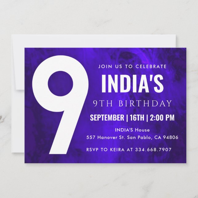 Royal Blue Neon 9th birthday Invitation (Front)