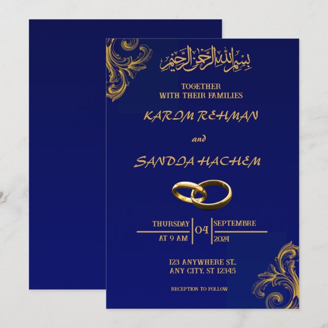 Royal Blue Nikah Islamic Muslim Wedding Invitation (Front/Back)