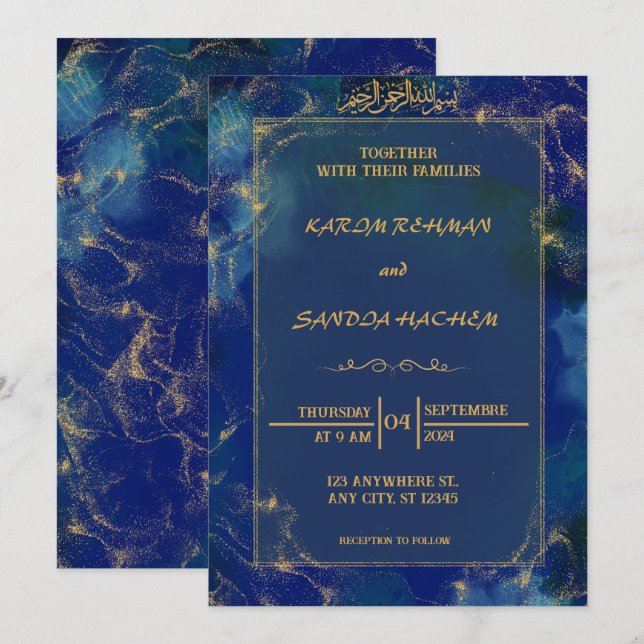 Royal Blue Nikah Islamic Muslim Wedding Invitation (Front/Back)