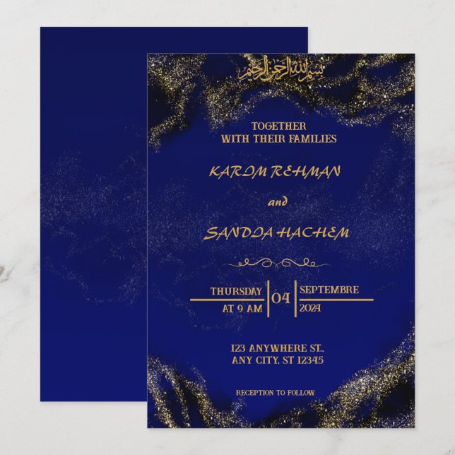Royal Blue Nikah Islamic Muslim Wedding Invitation (Front/Back)