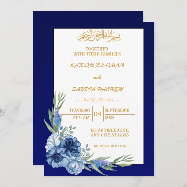 Royal Blue Nikah Islamic Muslim Wedding Invitation (Front/Back)