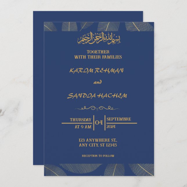 Royal Blue Nikah Islamic Muslim Wedding Invitation (Front/Back)