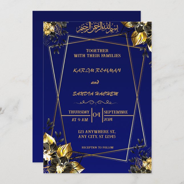 Royal Blue Nikah Islamic Muslim Wedding Invitation (Front/Back)