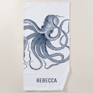Royal Blue Octopus Illustration Beach Towel