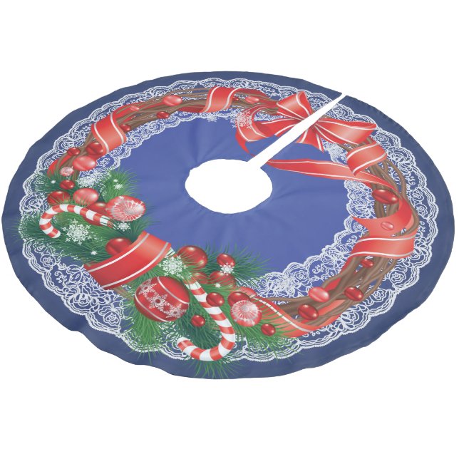Royal Blue Ombre and Lace with Christmas Wreath Brushed Polyester Tree Skirt (Angled)
