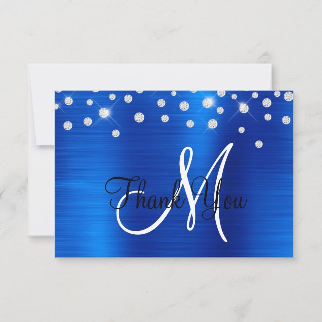 Royal Blue Ombre Foil Rhinestone Confetti Monogram Thank You Card (Front)