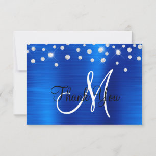 Royal Blue Ombre Foil Rhinestone Confetti Monogram Thank You Card