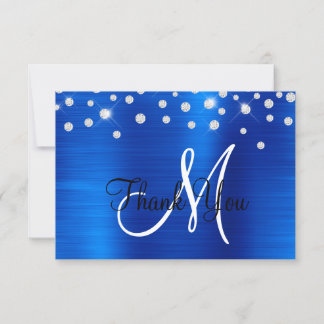 Royal Blue Ombre Foil Rhinestone Confetti Monogram Thank You Card