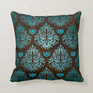 Royal Blue on Brown Retro Damask Luxury Decorative Cushion