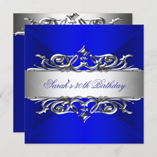 Royal Blue On Silver 30th Birthday Party Invitation