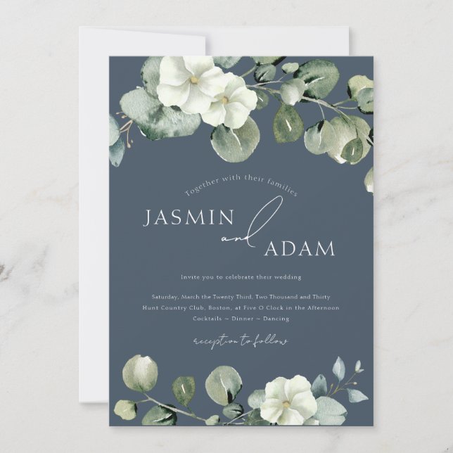 Royal Blue Opulence Eucalyptus Photo Wedding Invitation (Front)