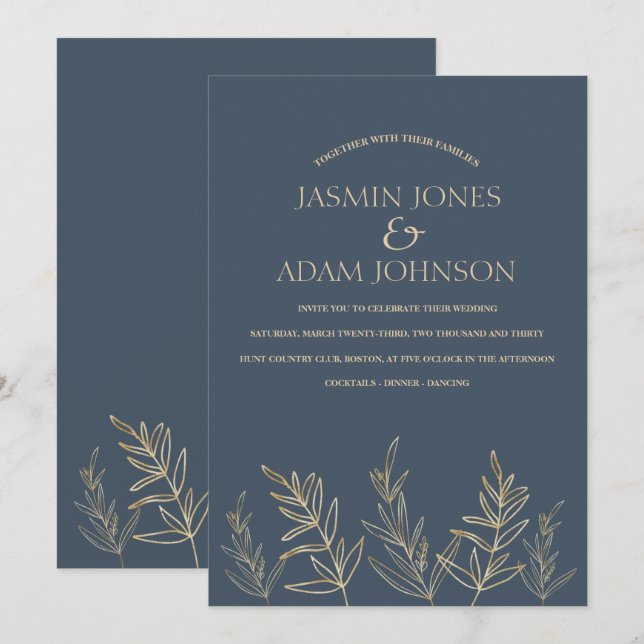 Royal Blue Opulence Gold Leaves Wedding Invitation (Front/Back)