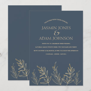 Royal Blue Opulence Gold Leaves Wedding Invitation