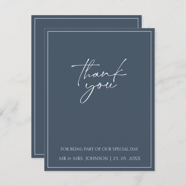 Royal Blue Opulence Script Typography Wedding Thank You Card (Front/Back)